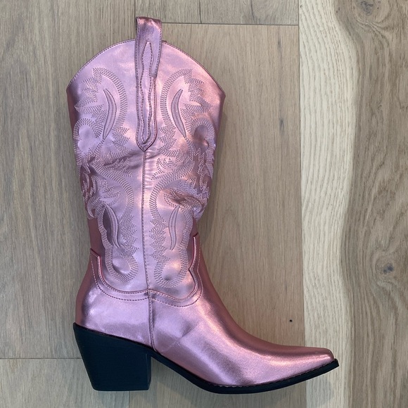 NWOT Women's Pink Metallic Cowboy Mid-Calf Boots - Picture 2 of 13